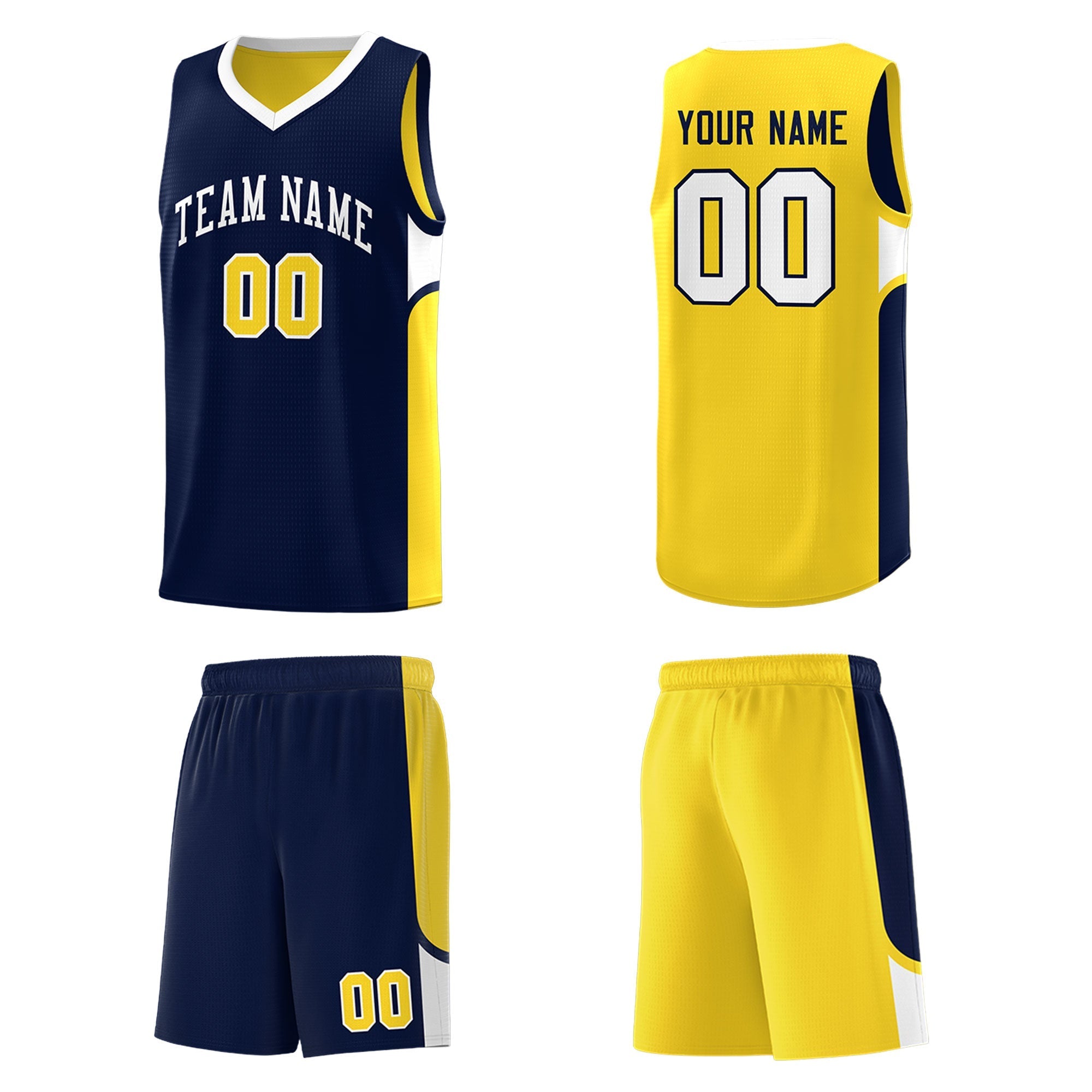 Custom Navy Gold Side U-shaped Patttern Double Side Sports Uniform Basketball Jersey