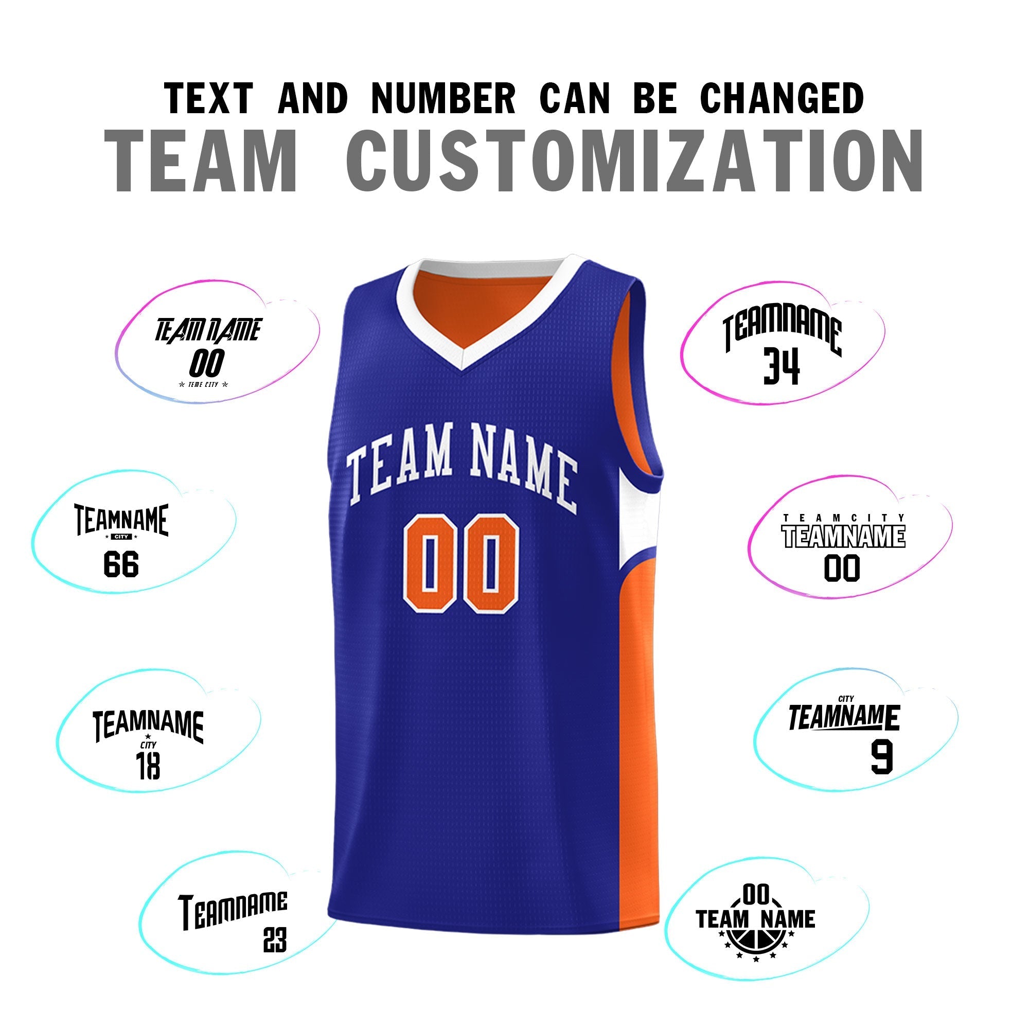 Custom Royal Orange Side U-shaped Patttern Double Side Sports Uniform Basketball Jersey