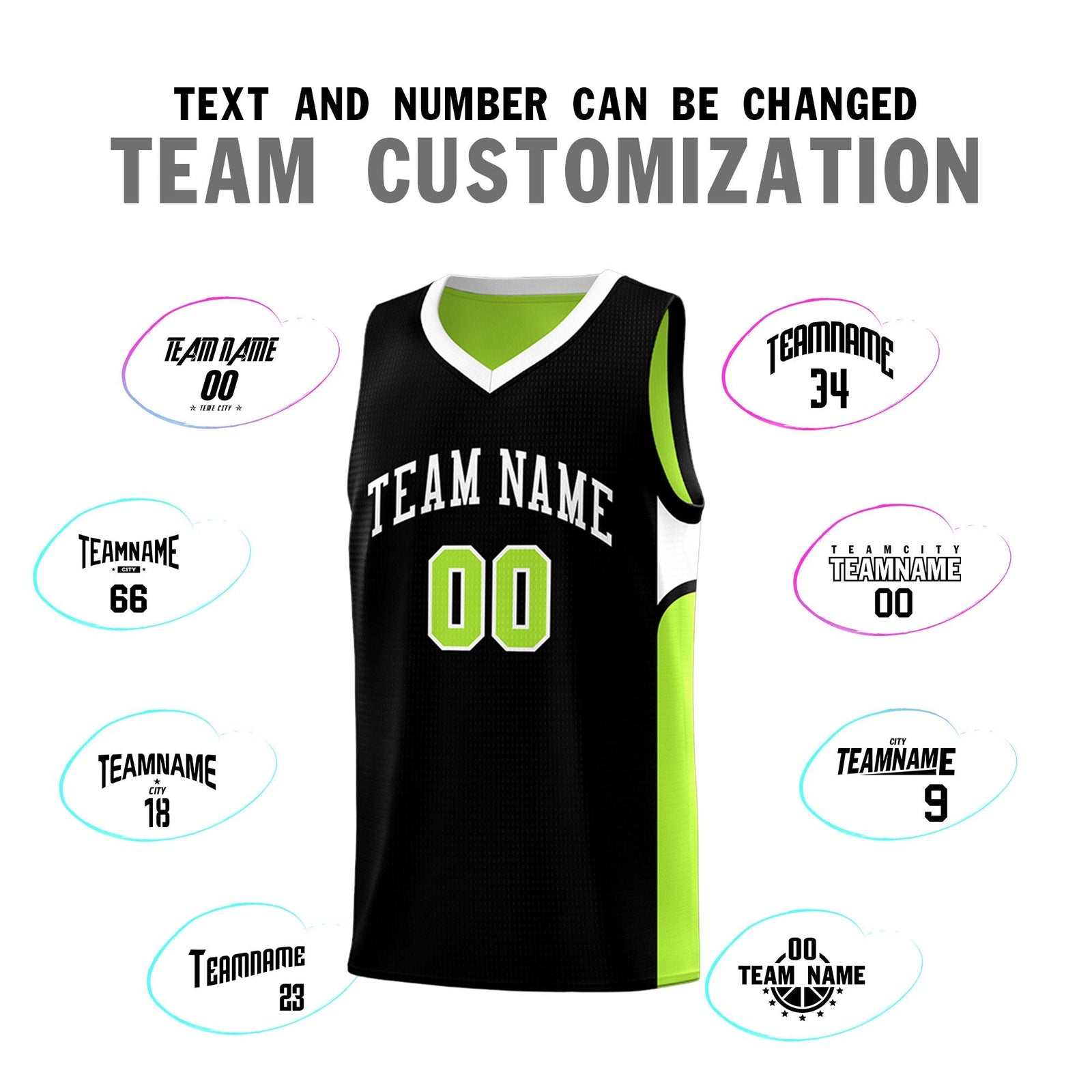 Custom Black Neon Green Side U-shaped Patttern Double Side Sports Uniform Basketball Jersey