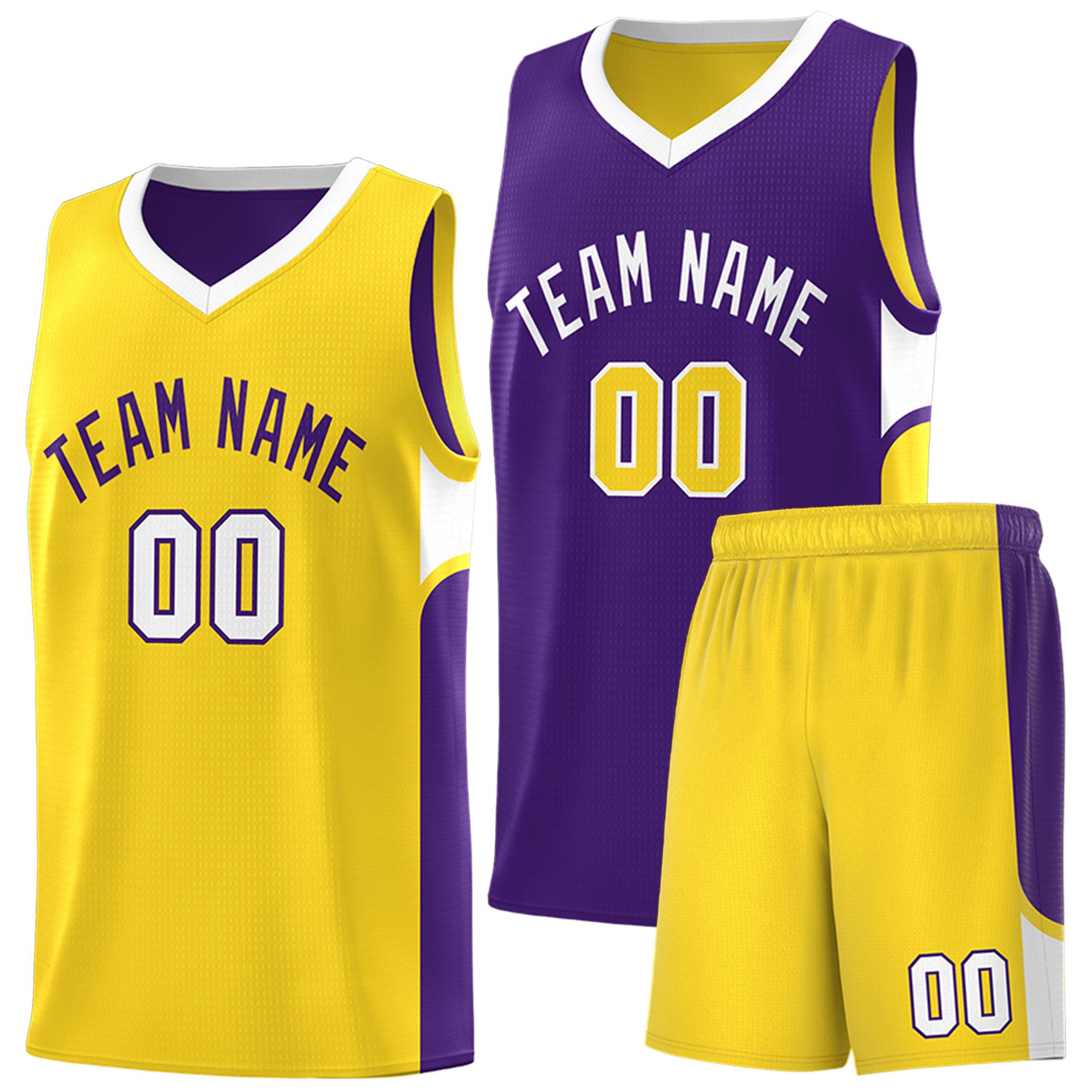 Custom Purple Gold Side U-shaped Patttern Double Side Sports Uniform Basketball Jersey