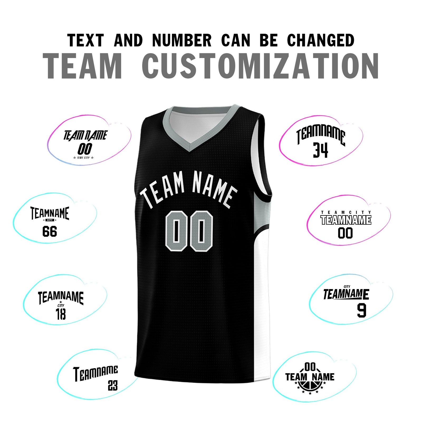 Custom Black White Side U-shaped Patttern Double Side Sports Uniform Basketball Jersey
