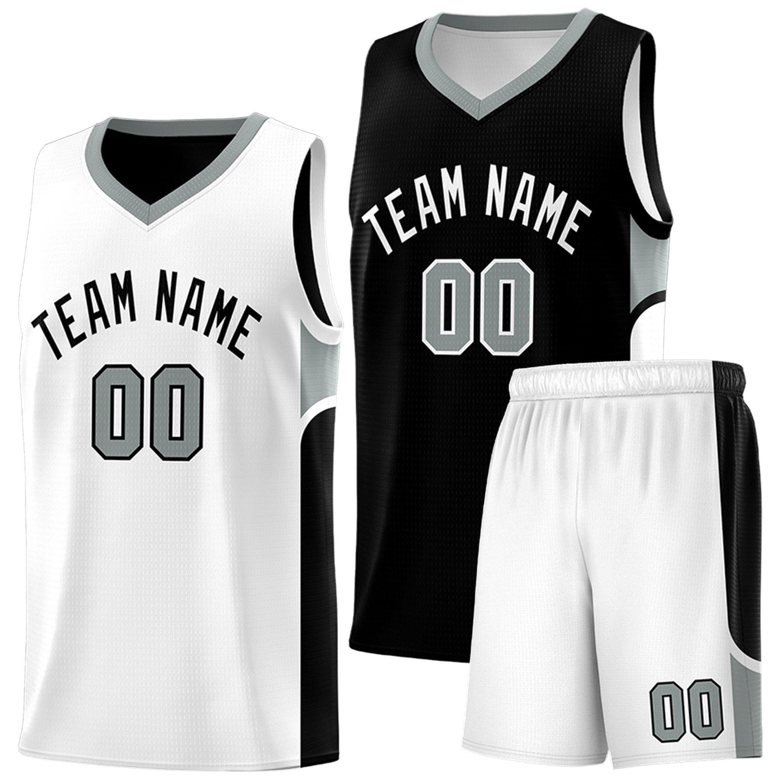 Custom Black White Side U-shaped Patttern Double Side Sports Uniform Basketball Jersey