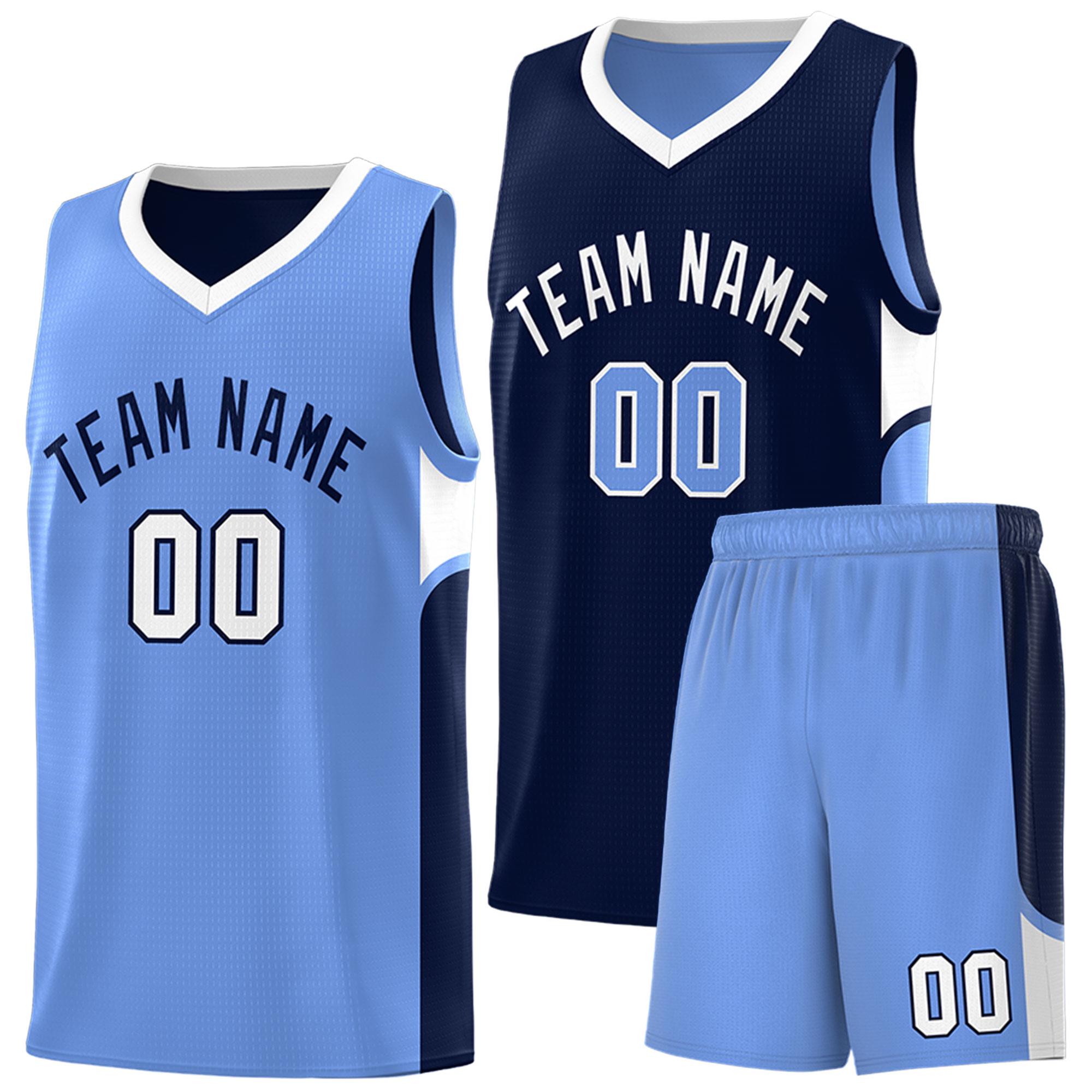 Custom Navy Light Blue Side U-shaped Patttern Double Side Sports Uniform Basketball Jersey
