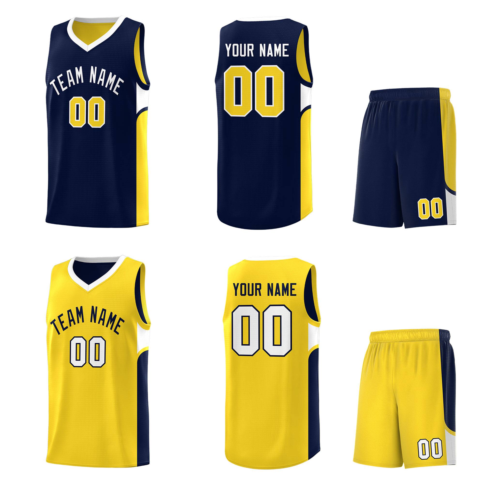 Custom Navy Gold Side U-shaped Patttern Double Side Sports Uniform Basketball Jersey