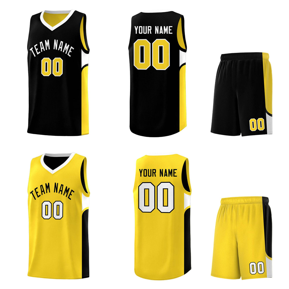 Custom Black Gold Side U-shaped Patttern Double Side Sports Uniform Basketball Jersey