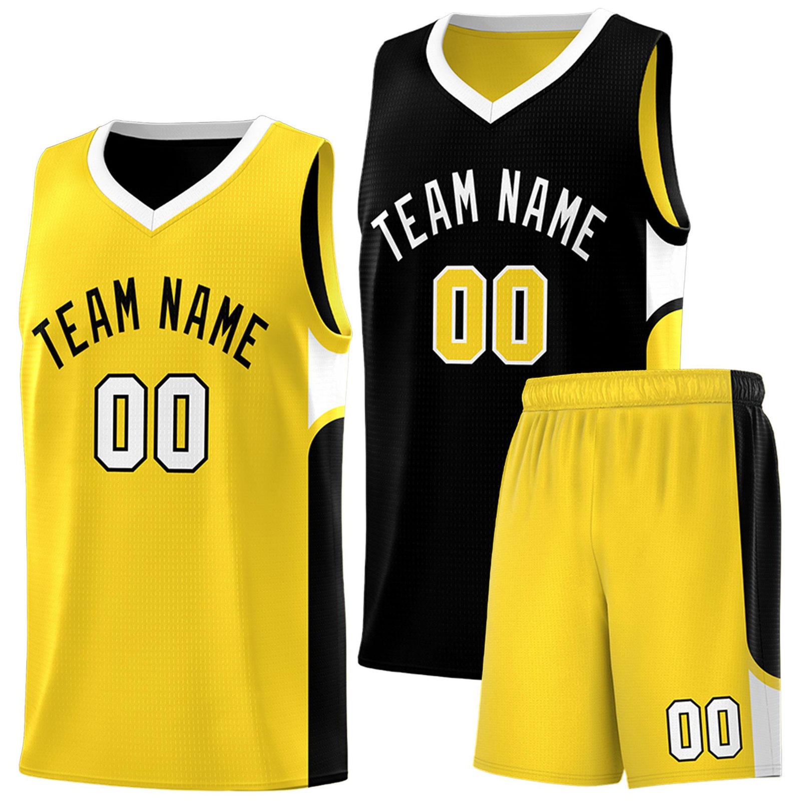 Custom Black Gold Side U-shaped Patttern Double Side Sports Uniform Basketball Jersey