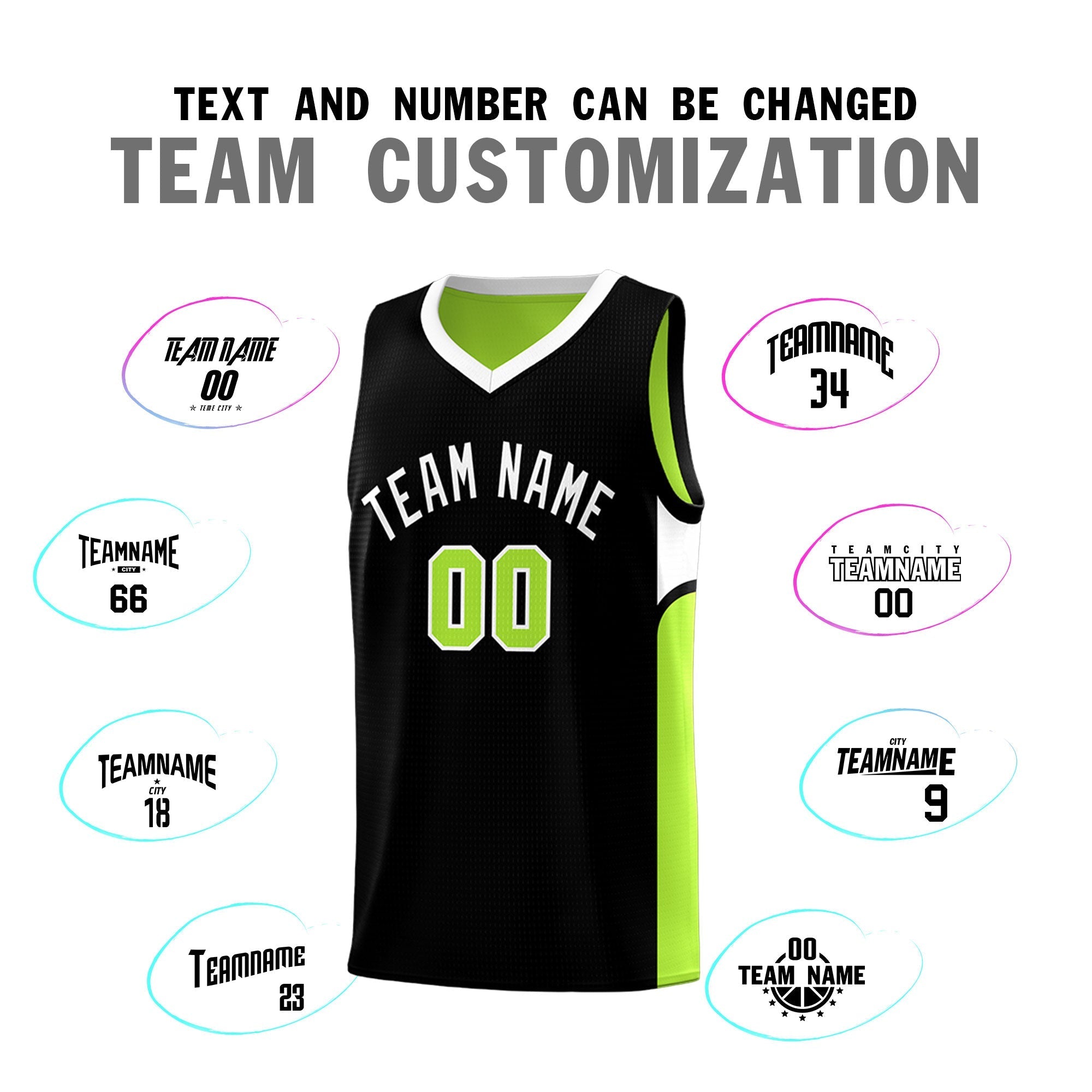 Custom Black Neon Green Side U-shaped Patttern Double Side Sports Uniform Basketball Jersey
