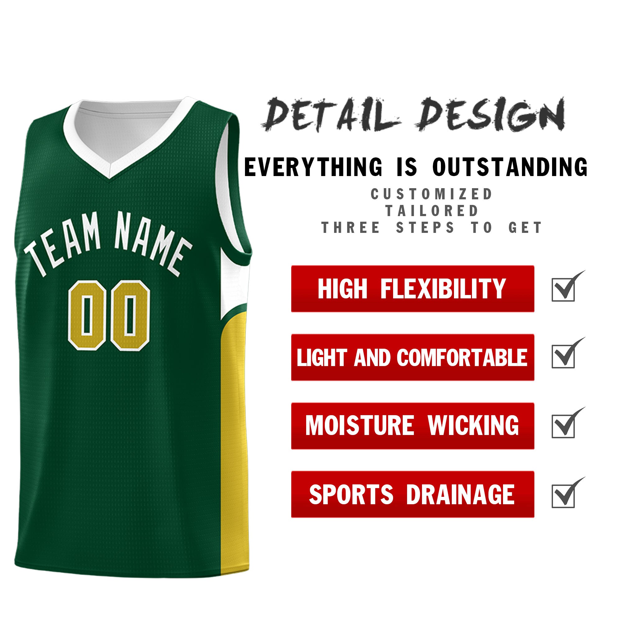 Custom Green White Side U-shaped Patttern Double Side Sports Uniform Basketball Jersey
