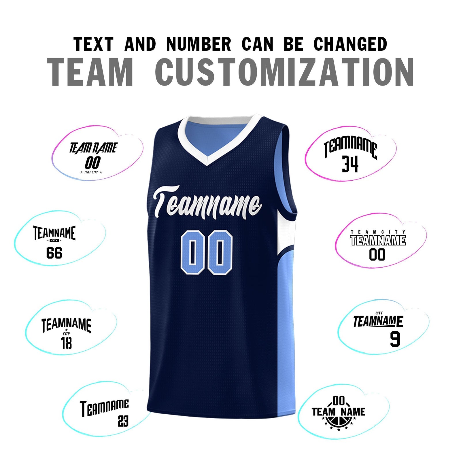 Custom Navy Light Blue Side U-shaped Patttern Double Side Sports Uniform Basketball Jersey