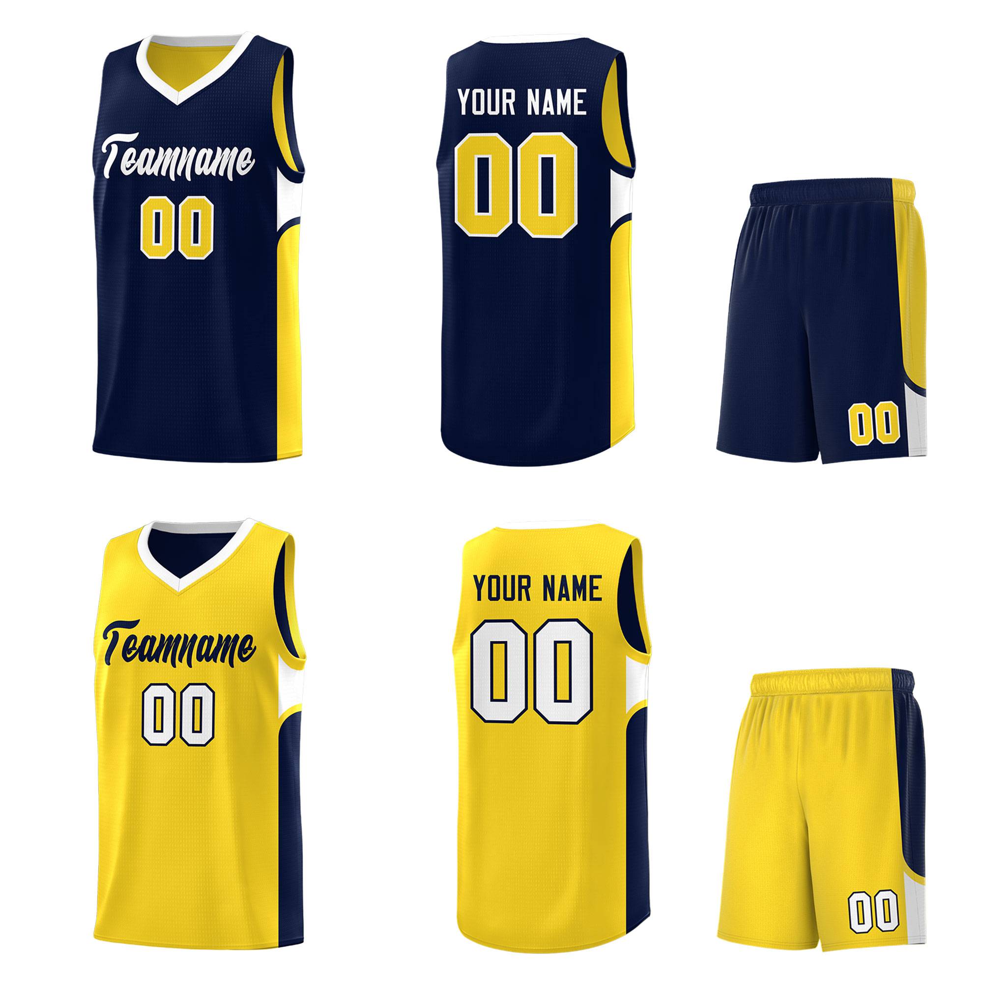 Custom Navy Gold Side U-shaped Patttern Double Side Sports Uniform Basketball Jersey