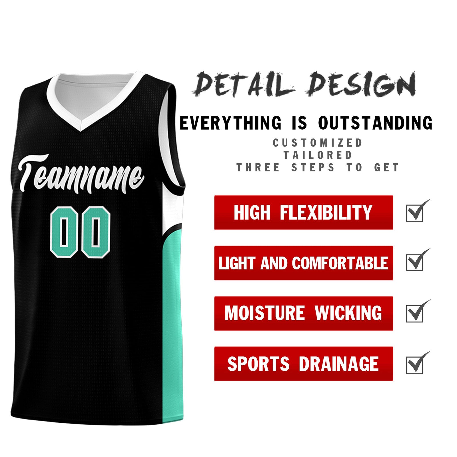 Custom Black White Side U-shaped Patttern Double Side Sports Uniform Basketball Jersey