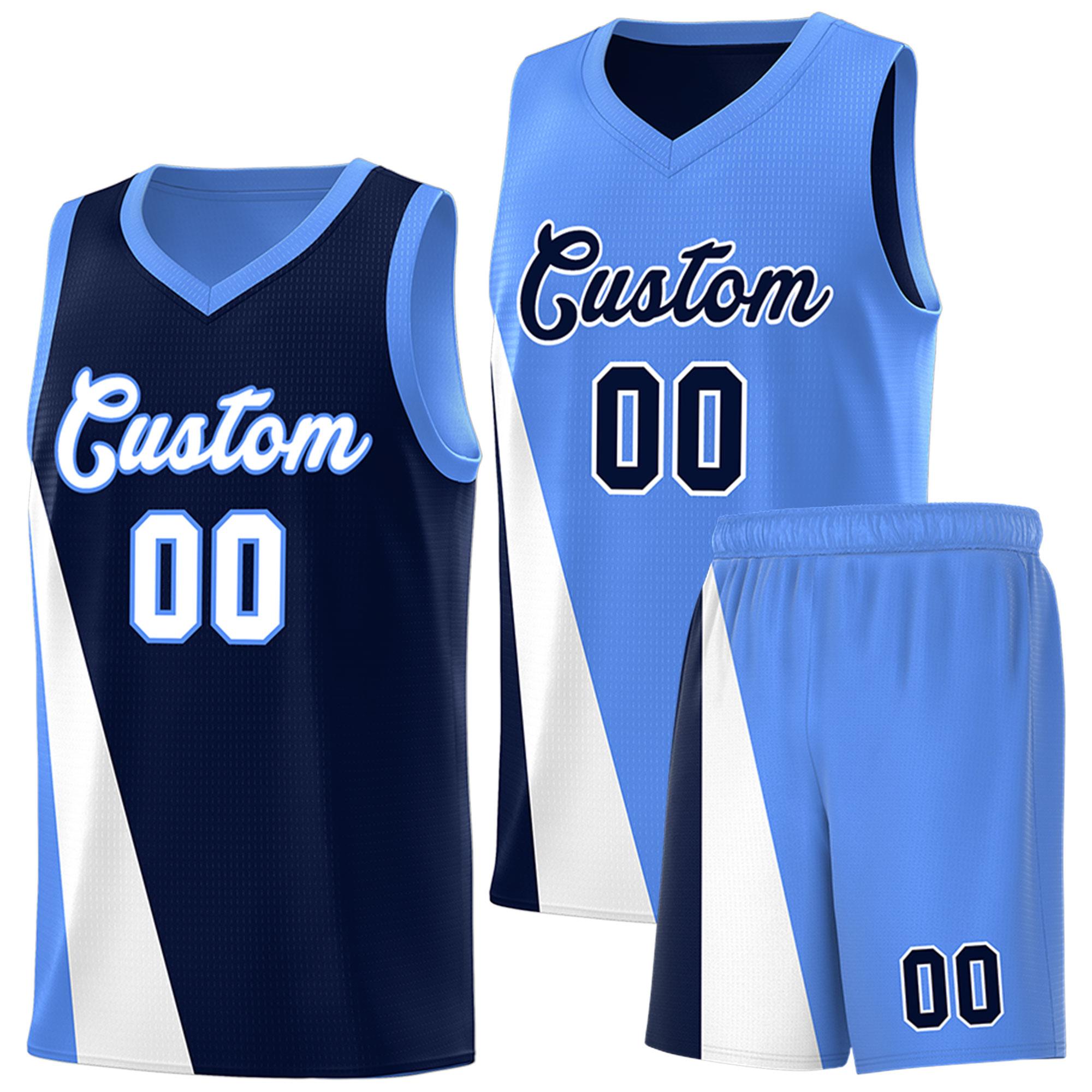 Custom Navy Powder Blue Slanting Two Lines Color Block Sports Uniform Basketball Jersey