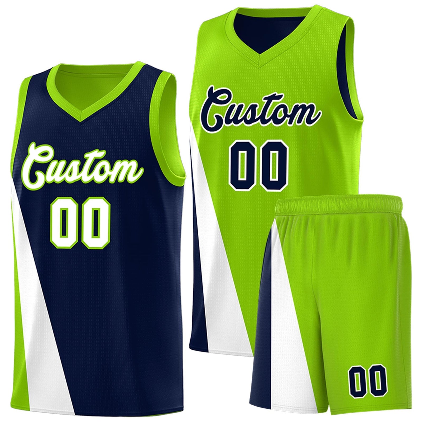 Custom Navy Neon Green Slanting Two Lines Color Block Sports Uniform Basketball Jersey