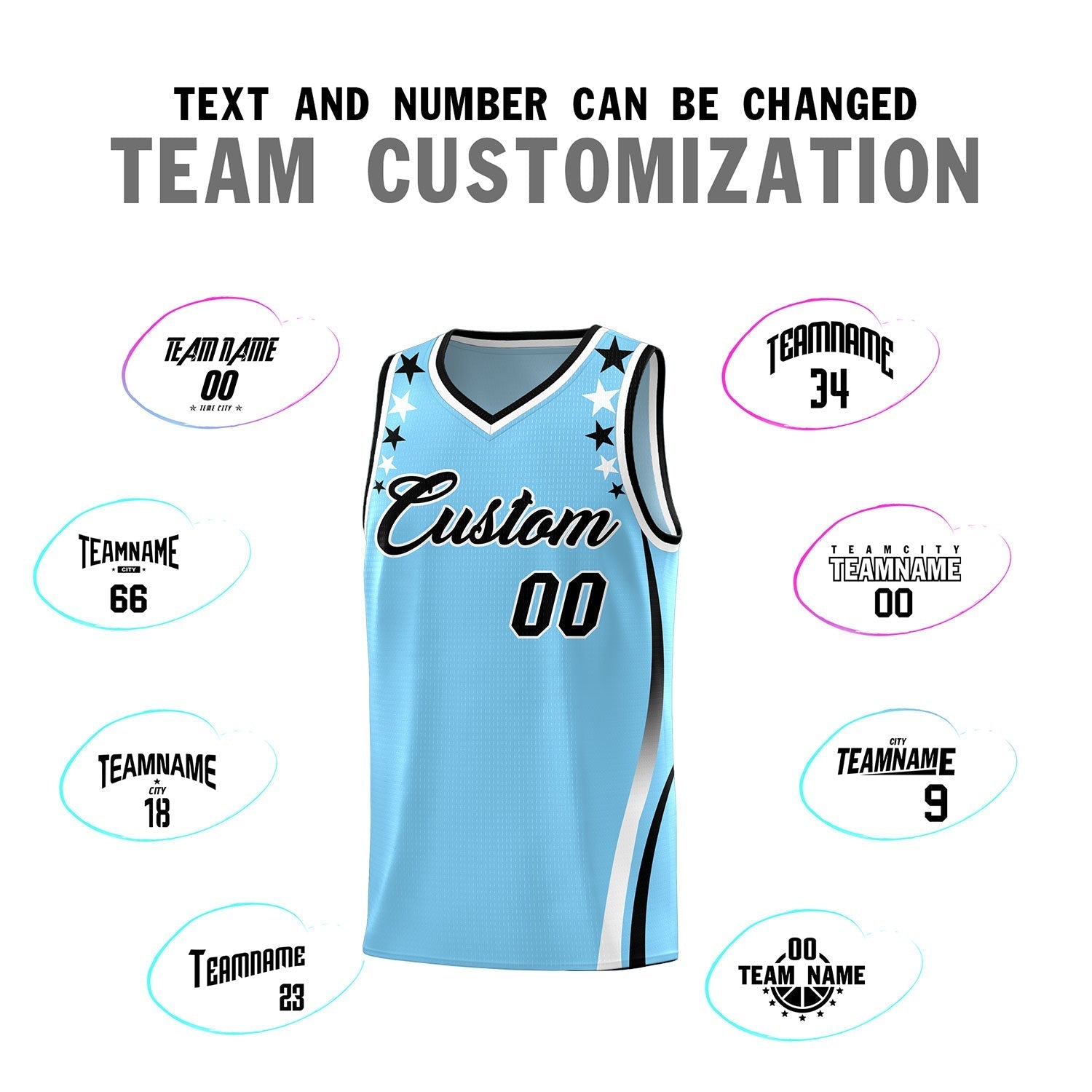 Custom Light Blue Shoulders Star Pattern Side Color Block Sports Uniform Basketball Jersey