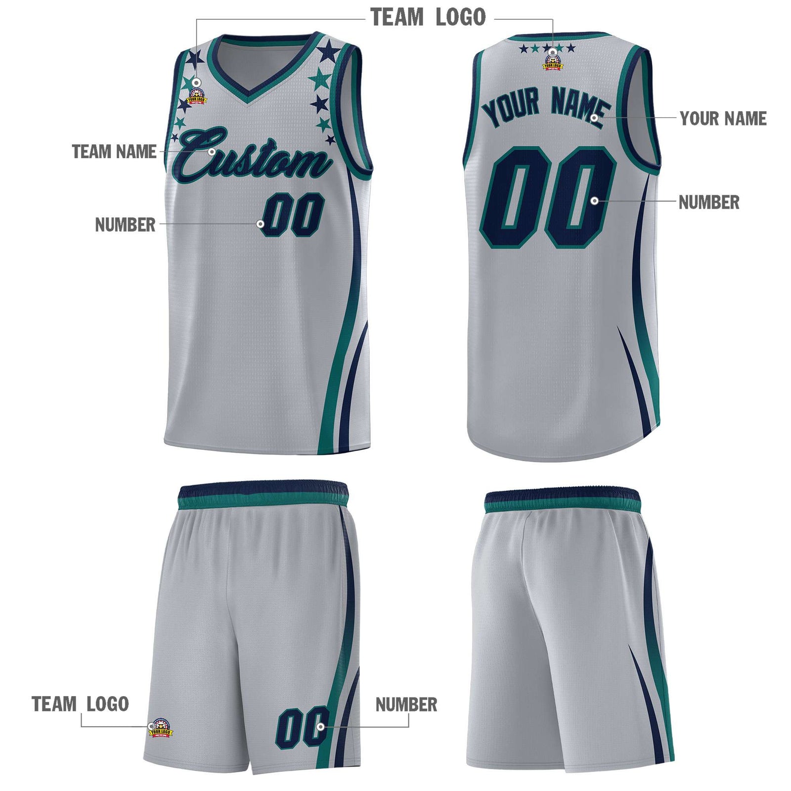Custom Gray Shoulders Star Pattern Side Color Block Sports Uniform Basketball Jersey