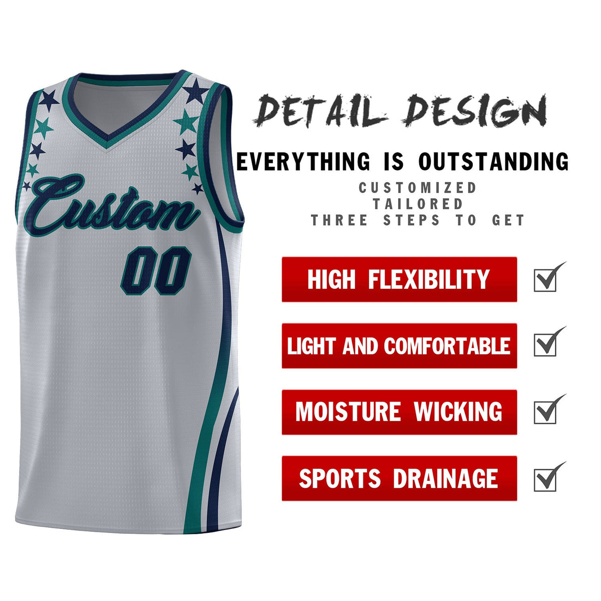 Custom Gray Shoulders Star Pattern Side Color Block Sports Uniform Basketball Jersey
