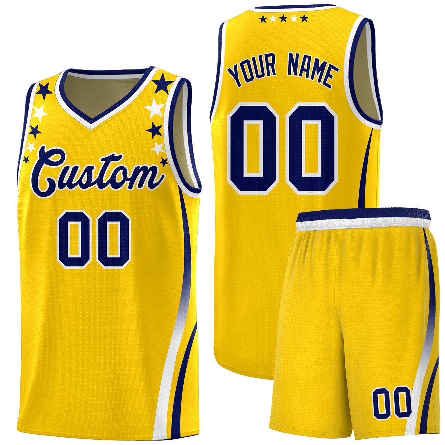 Custom Gold Shoulders Star Pattern Side Color Block Sports Uniform Basketball Jersey