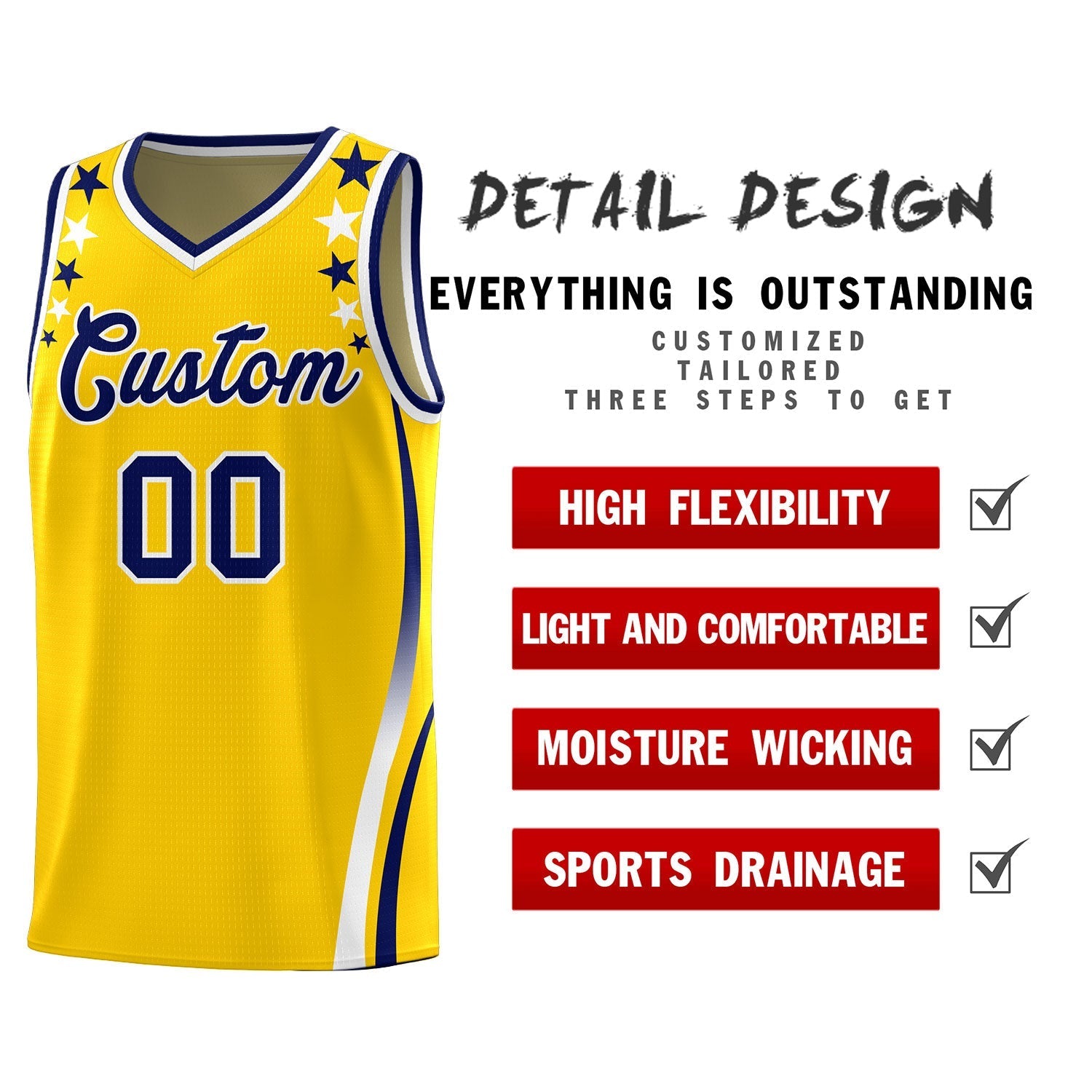 Custom Gold Shoulders Star Pattern Side Color Block Sports Uniform Basketball Jersey