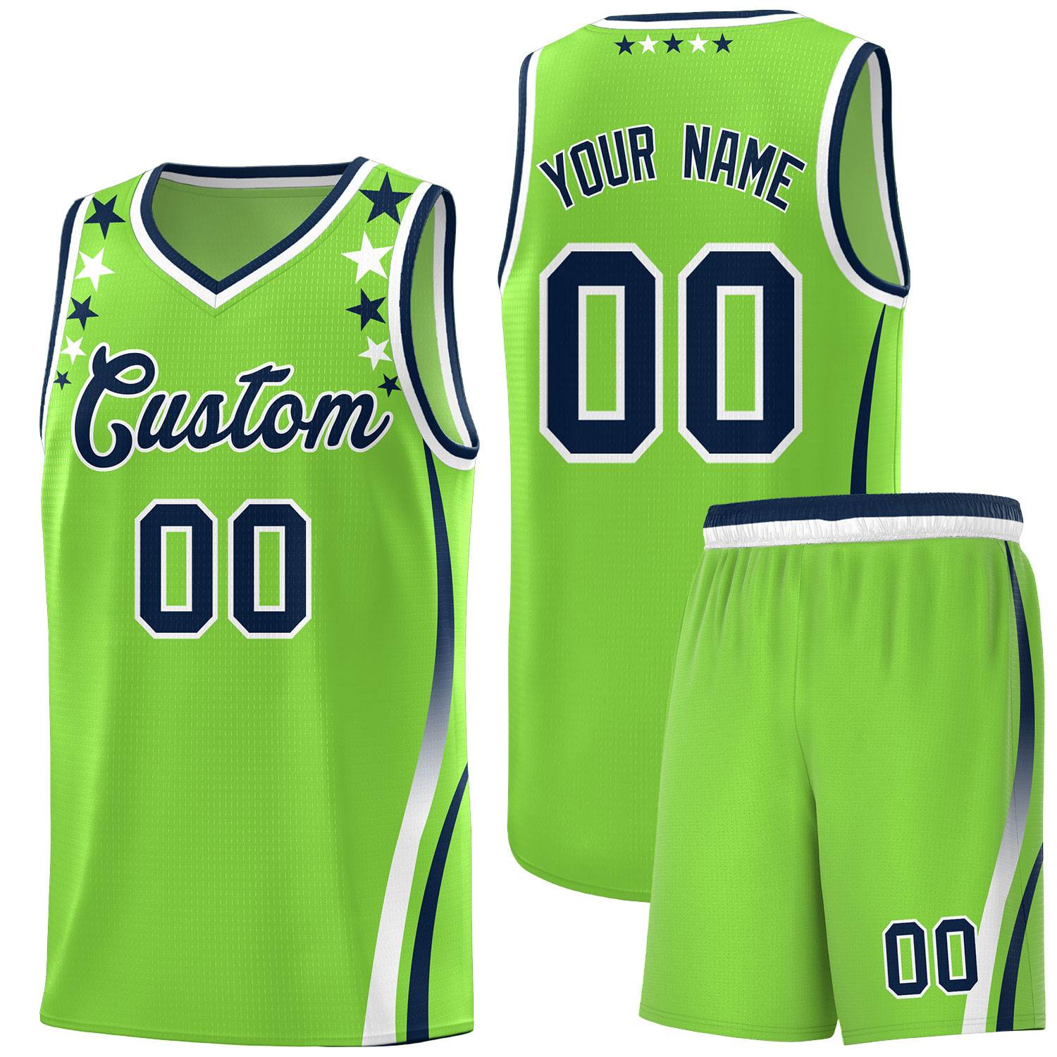 Custom Neon Green Shoulders Star Pattern Side Color Block Sports Uniform Basketball Jersey