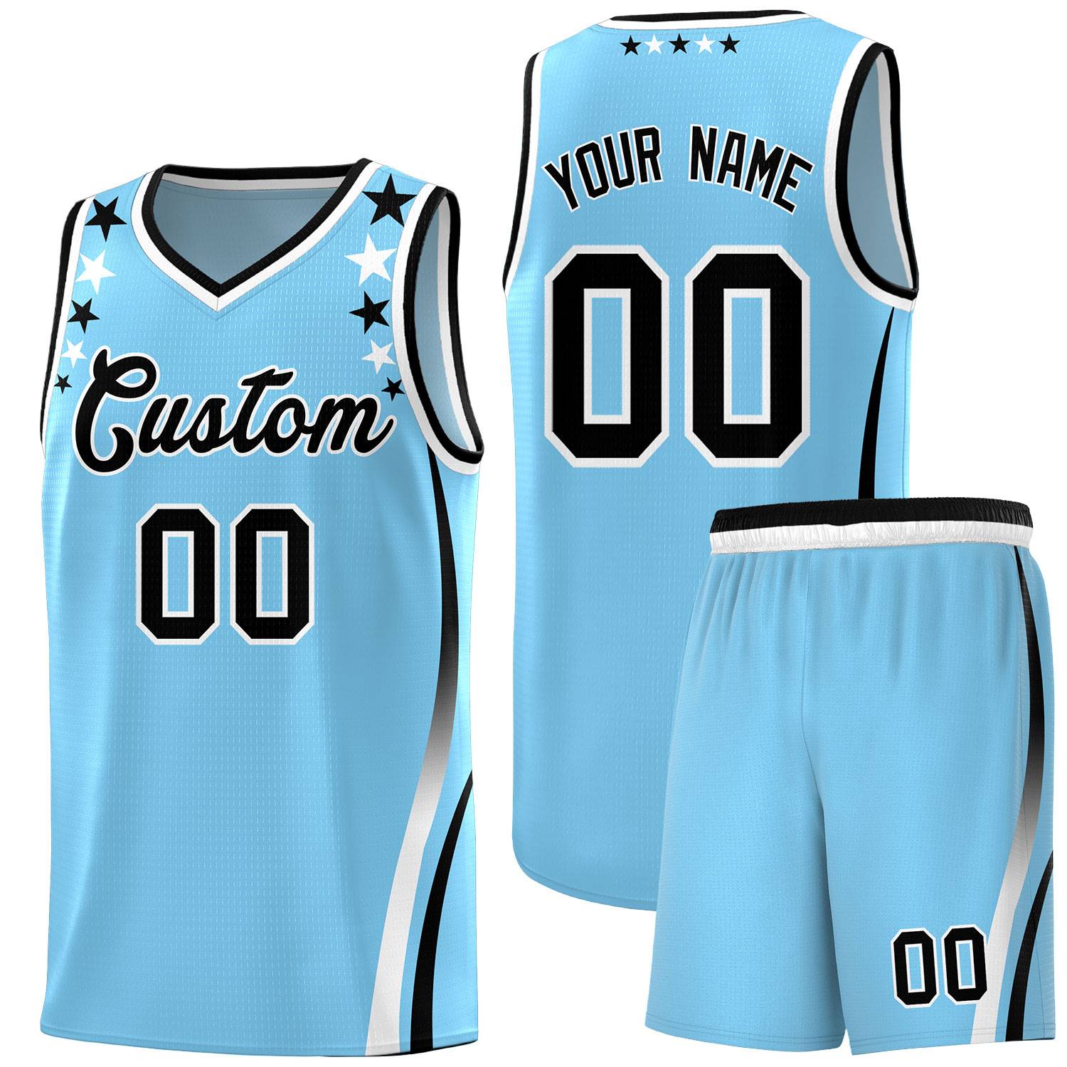 Custom Light Blue Shoulders Star Pattern Side Color Block Sports Uniform Basketball Jersey