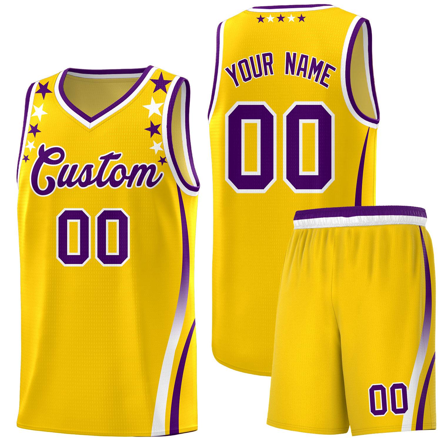 Custom Gold Shoulders Star Pattern Side Color Block Sports Uniform Basketball Jersey
