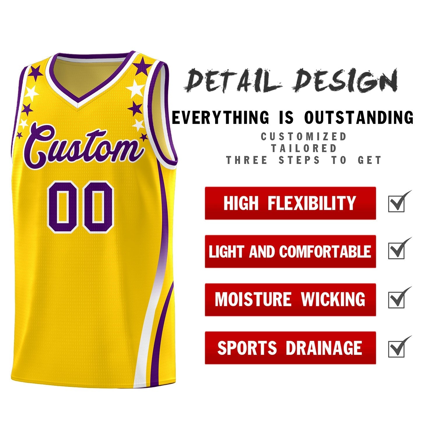 Custom Gold Shoulders Star Pattern Side Color Block Sports Uniform Basketball Jersey