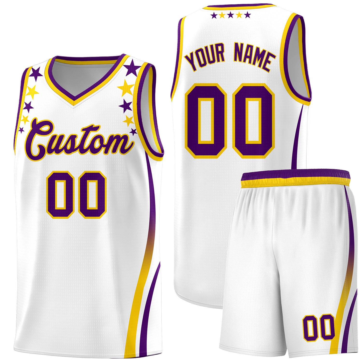 Custom White Shoulders Star Pattern Side Color Block Sports Uniform Basketball Jersey