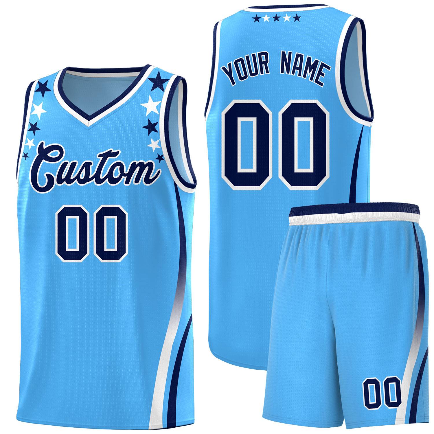 Custom Light Blue Shoulders Star Pattern Side Color Block Sports Uniform Basketball Jersey