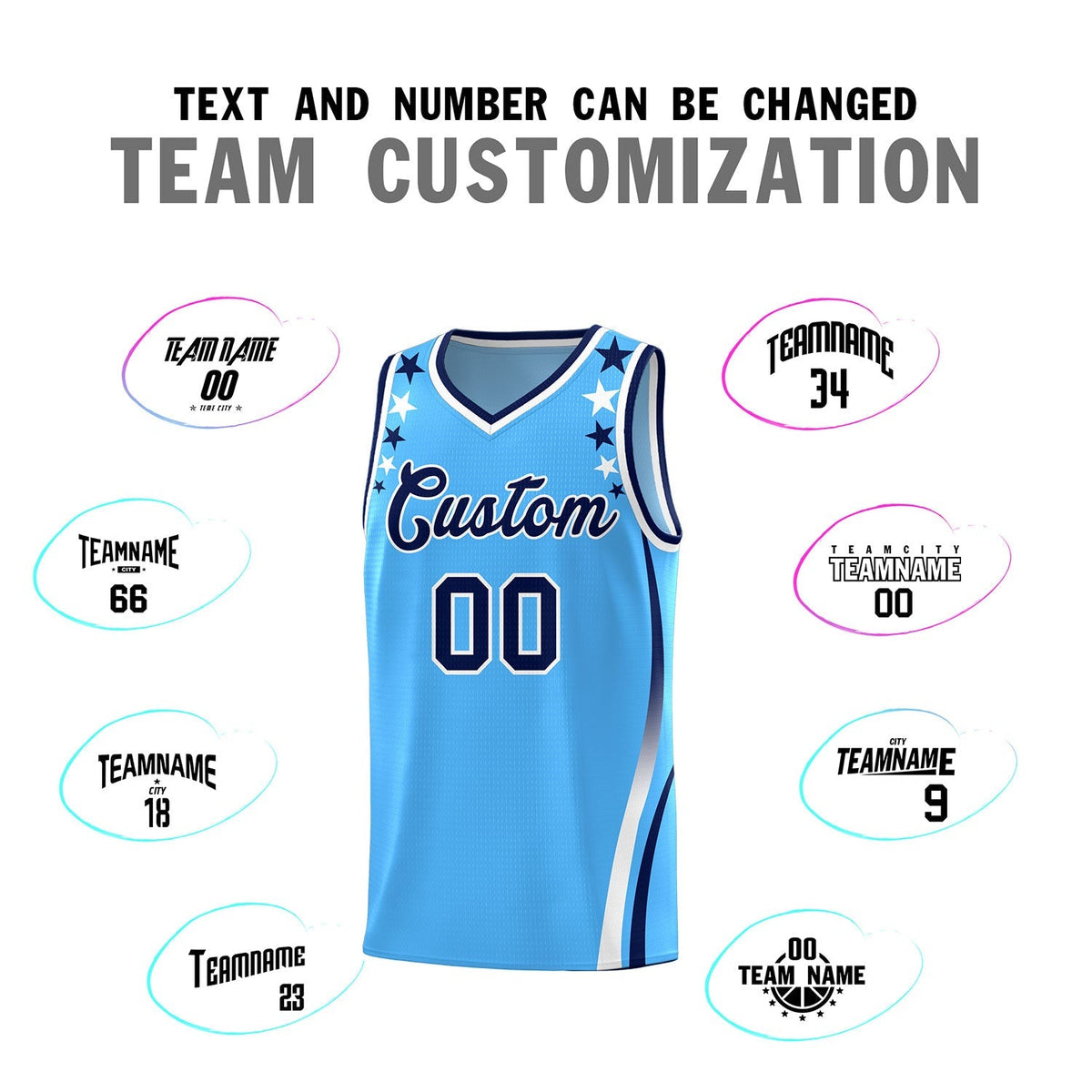 Custom Light Blue Shoulders Star Pattern Side Color Block Sports Uniform Basketball Jersey