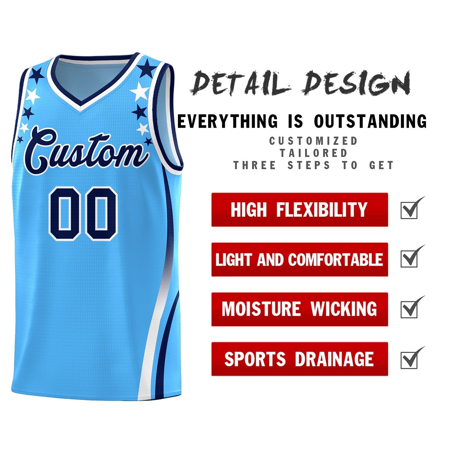 Custom Light Blue Shoulders Star Pattern Side Color Block Sports Uniform Basketball Jersey