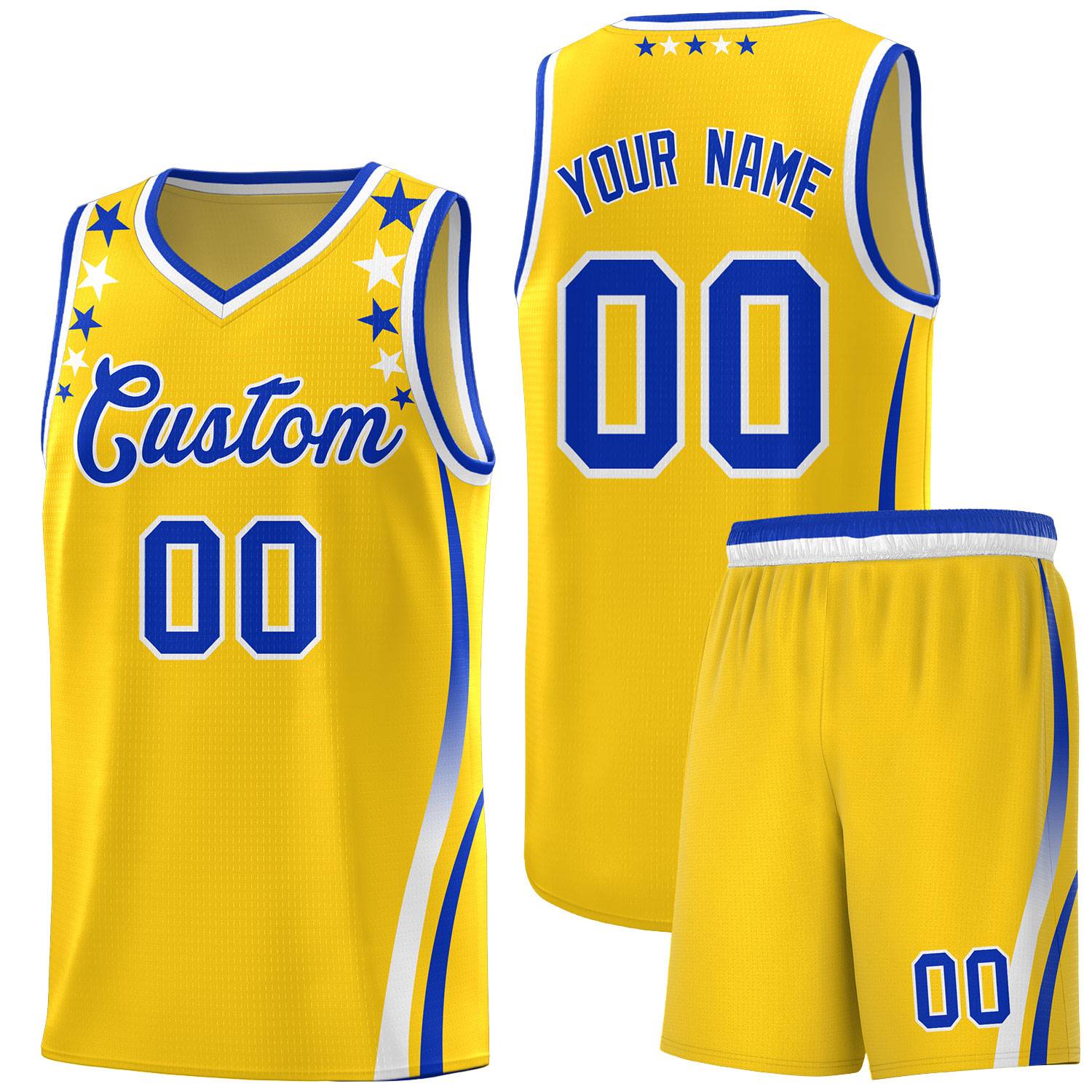 Custom Gold Shoulders Star Pattern Side Color Block Sports Uniform Basketball Jersey