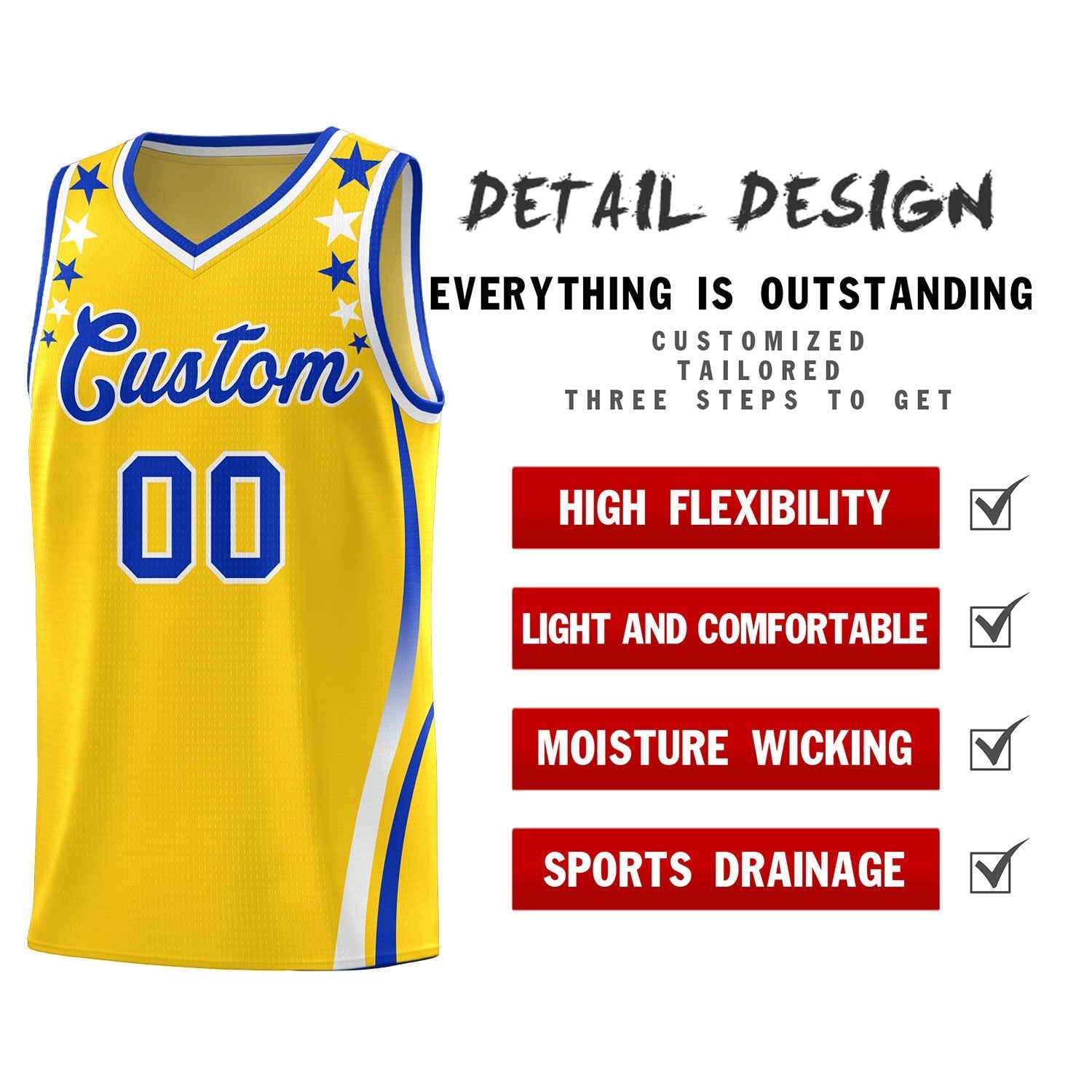 Custom Gold Shoulders Star Pattern Side Color Block Sports Uniform Basketball Jersey