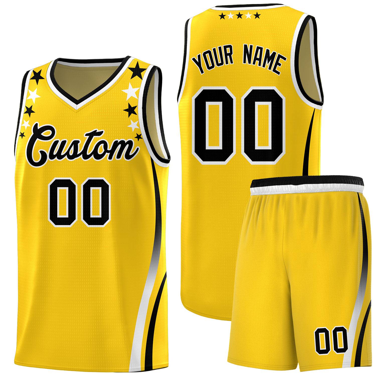 Custom Gold Shoulders Star Pattern Side Color Block Sports Uniform Basketball Jersey