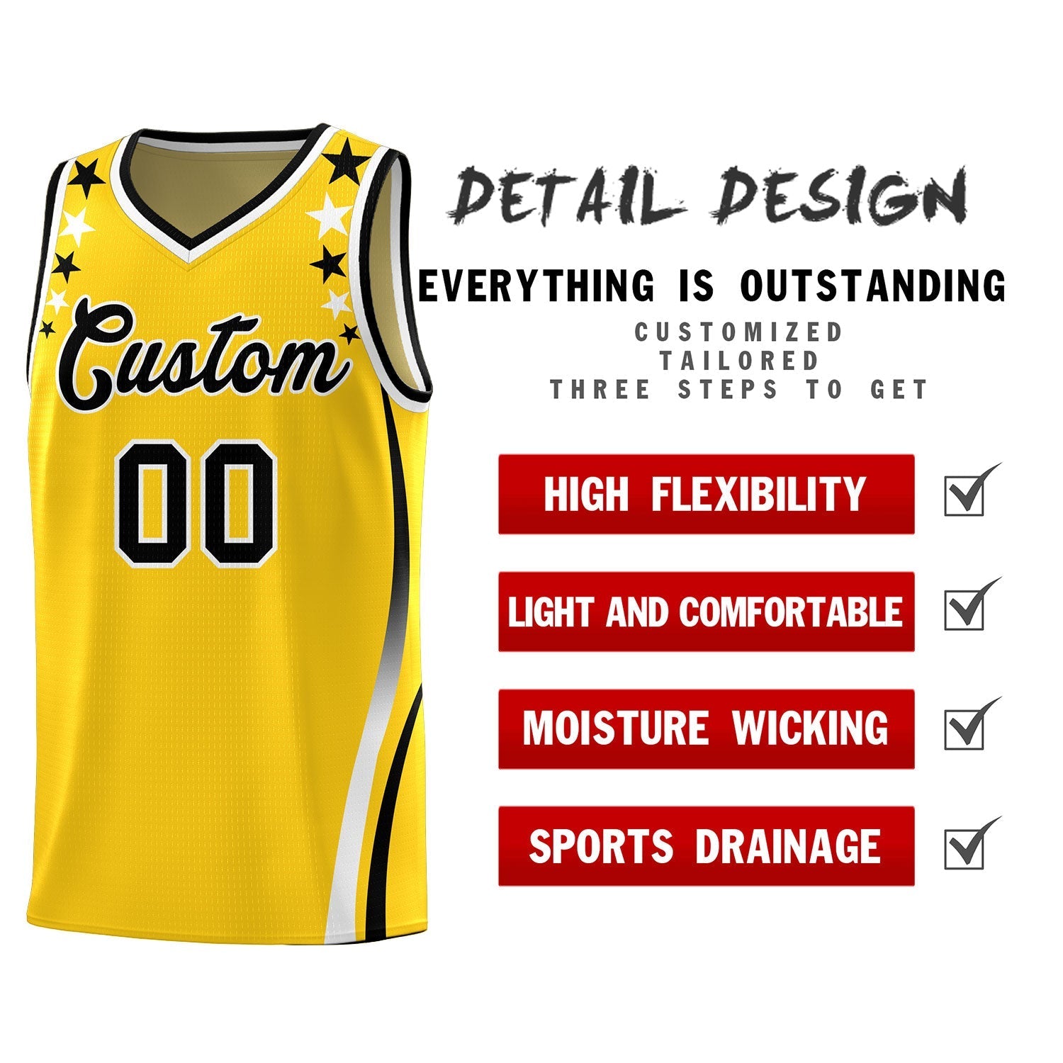 Custom Gold Shoulders Star Pattern Side Color Block Sports Uniform Basketball Jersey