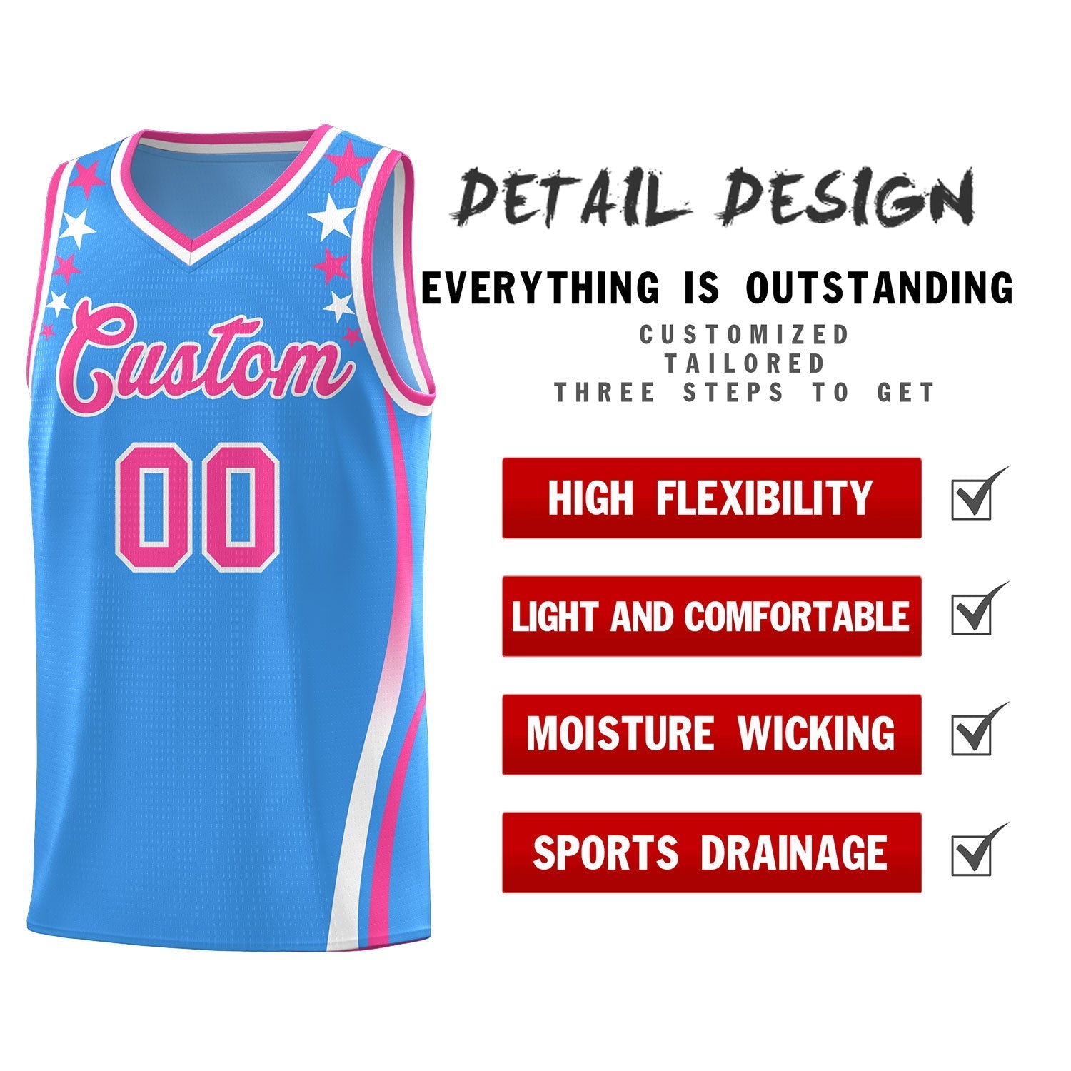 Custom Light Blue Shoulders Star Pattern Side Color Block Sports Uniform Basketball Jersey