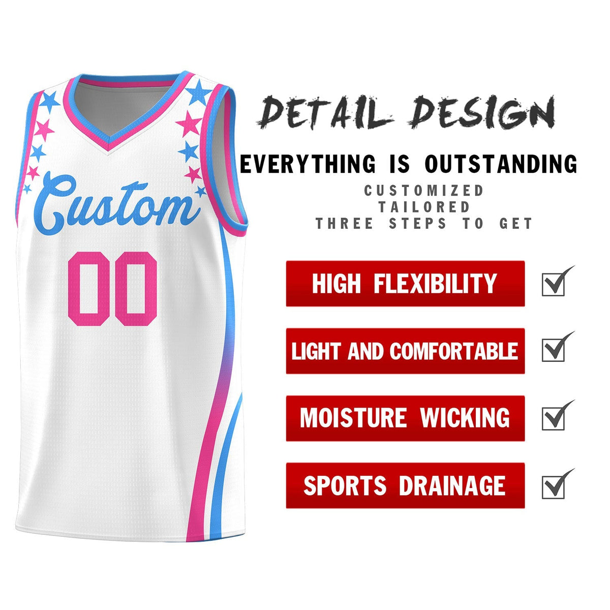 Custom White Shoulders Star Pattern Side Color Block Sports Uniform Basketball Jersey