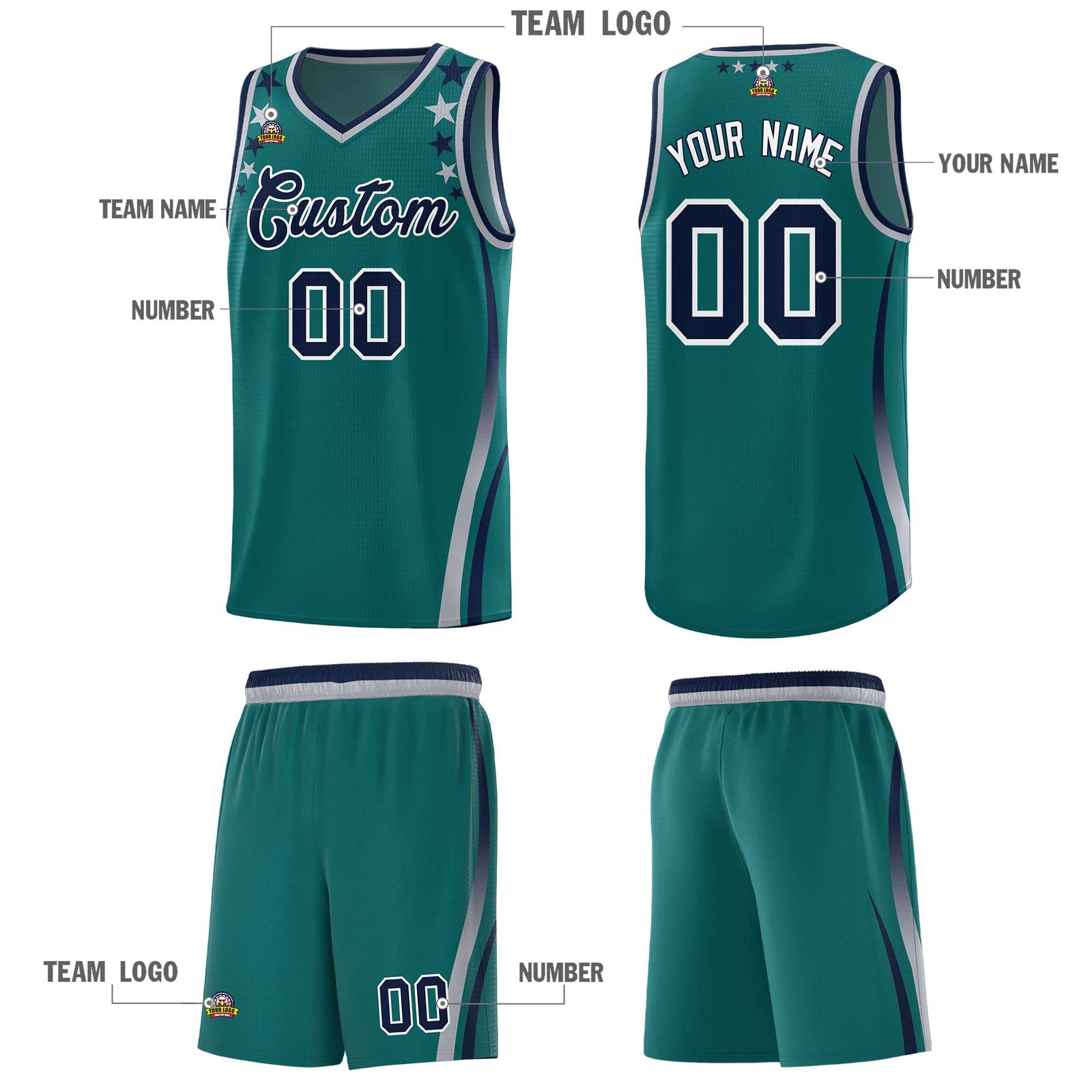 Custom Aqua Shoulders Star Pattern Side Color Block Sports Uniform Basketball Jersey