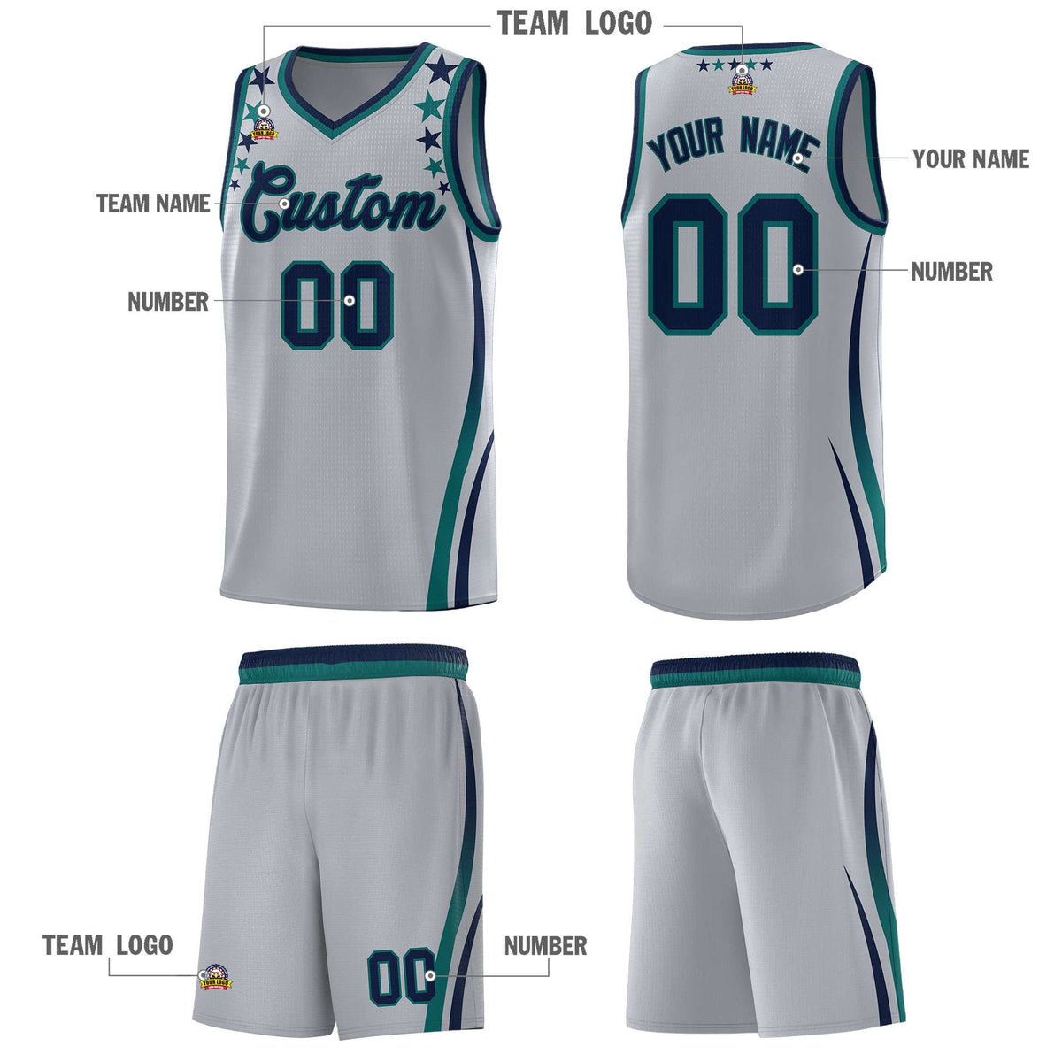 Custom Gray Shoulders Star Pattern Side Color Block Sports Uniform Basketball Jersey