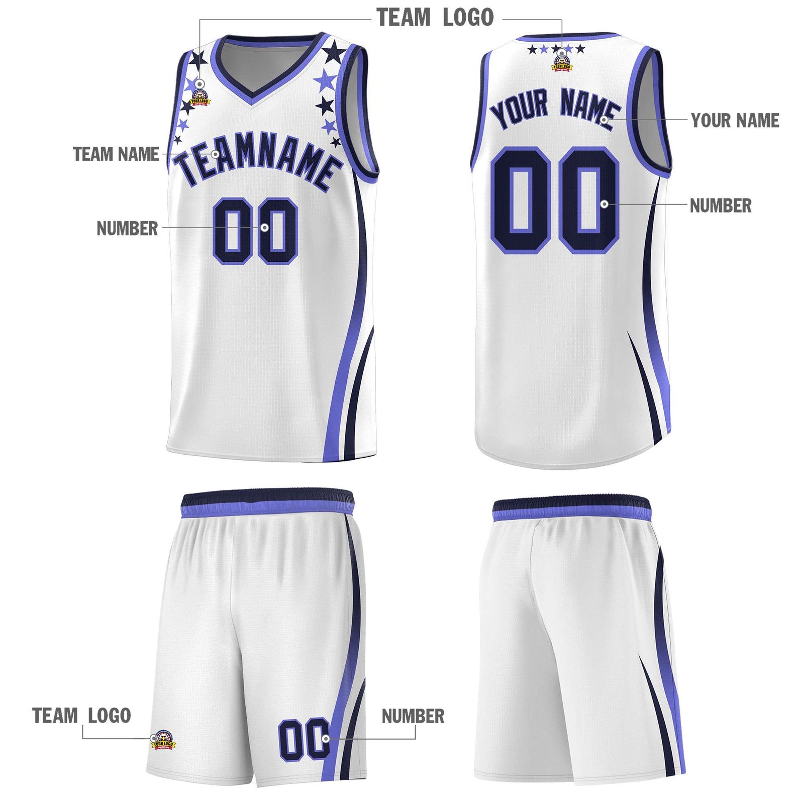 Custom White Shoulders Star Pattern Side Color Block Sports Uniform Basketball Jersey