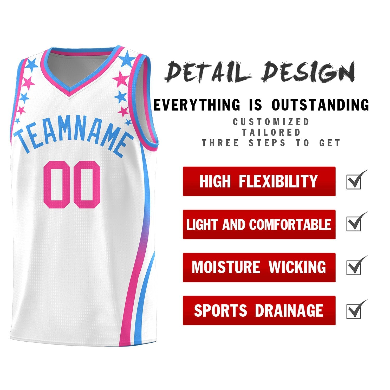 Custom White Shoulders Star Pattern Side Color Block Sports Uniform Basketball Jersey