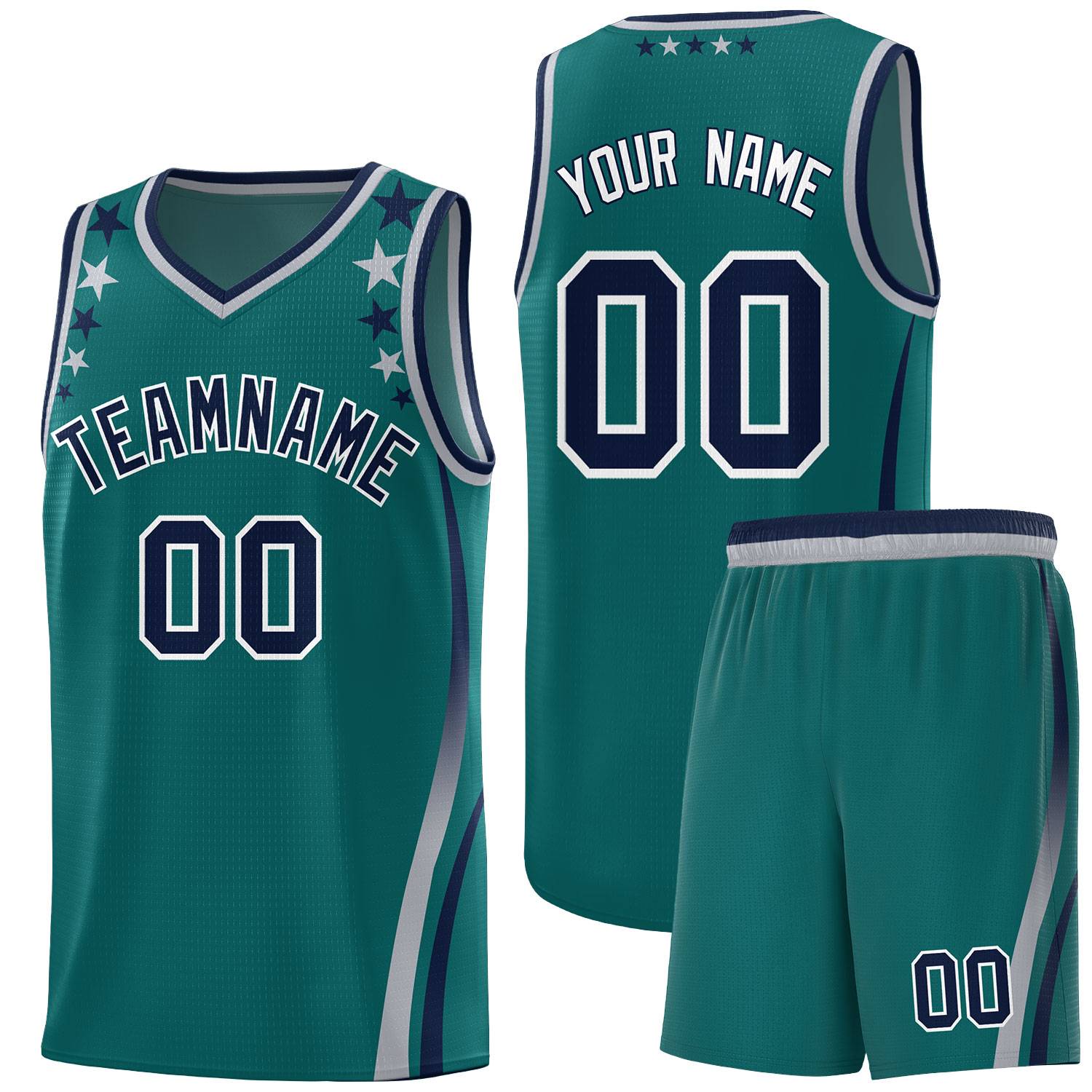 Custom Aqua Shoulders Star Pattern Side Color Block Sports Uniform Basketball Jersey