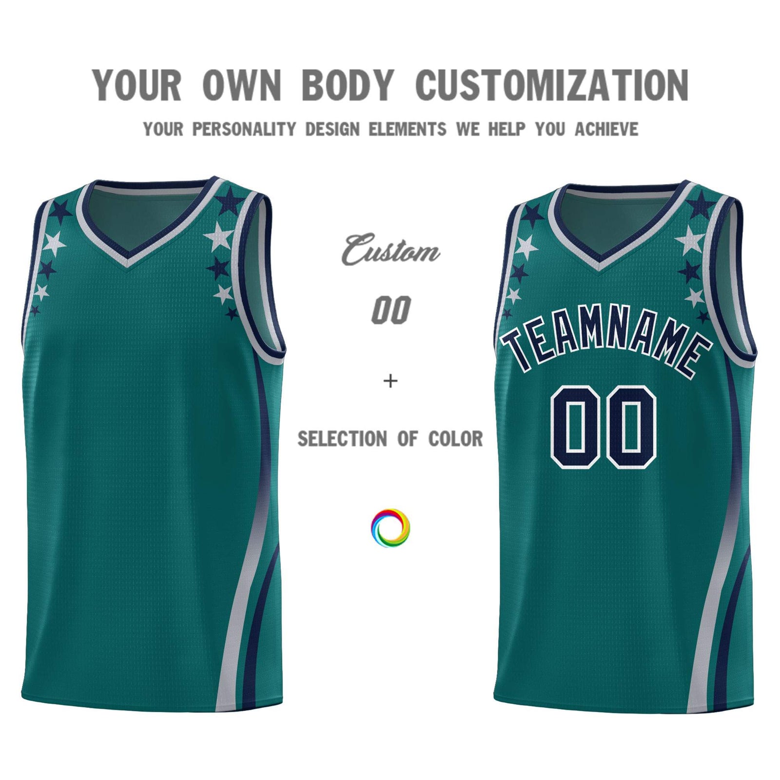 Custom Aqua Shoulders Star Pattern Side Color Block Sports Uniform Basketball Jersey