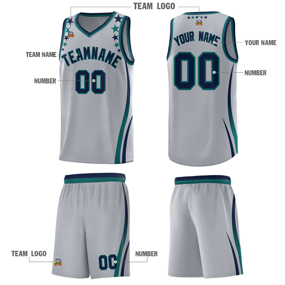 Custom Gray Shoulders Star Pattern Side Color Block Sports Uniform Basketball Jersey