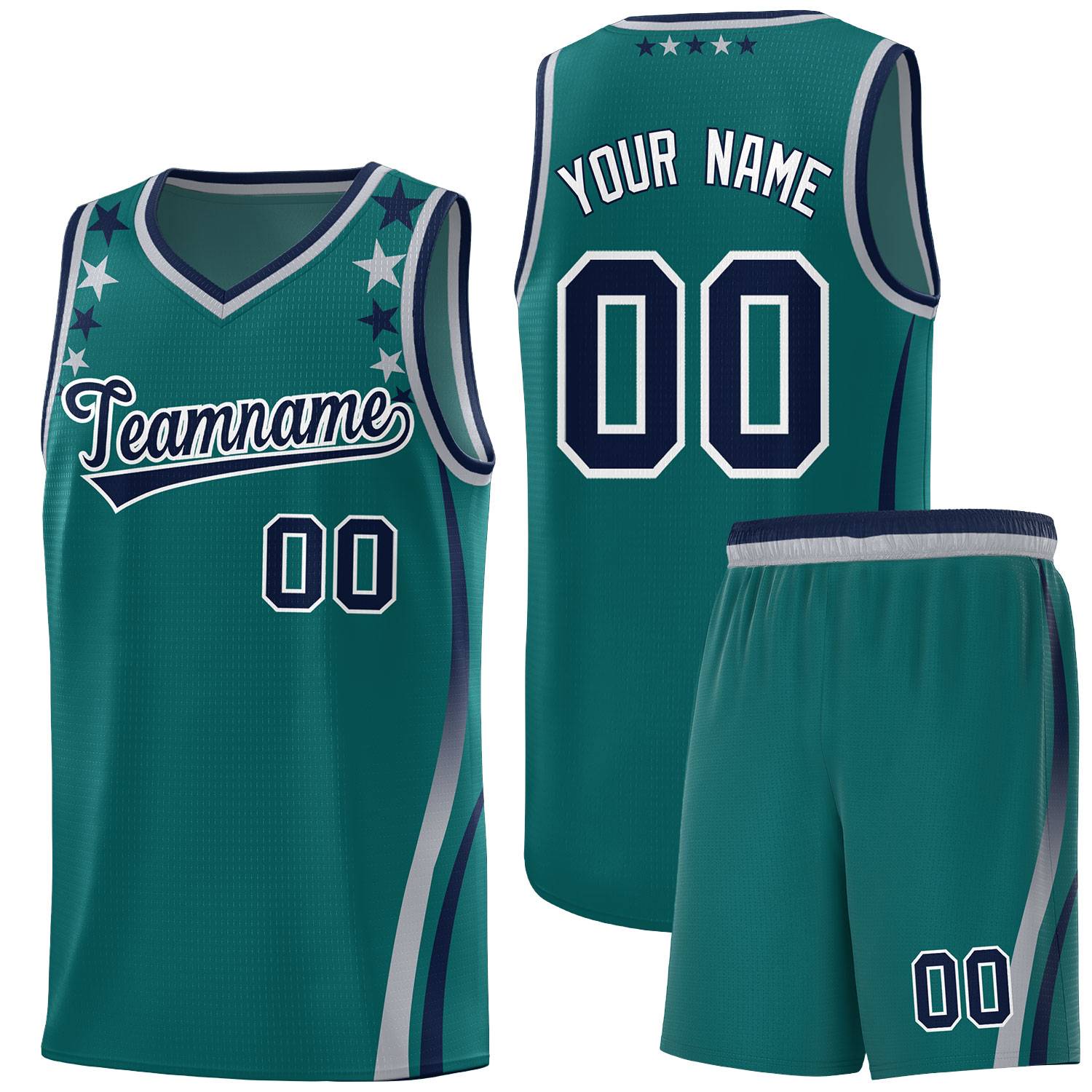 Custom Aqua Shoulders Star Pattern Side Color Block Sports Uniform Basketball Jersey