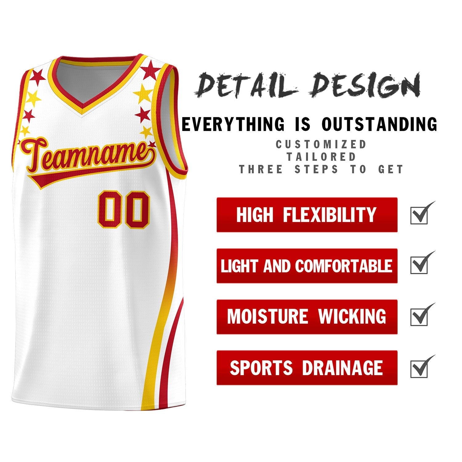 Custom White Shoulders Star Pattern Side Color Block Sports Uniform Basketball Jersey