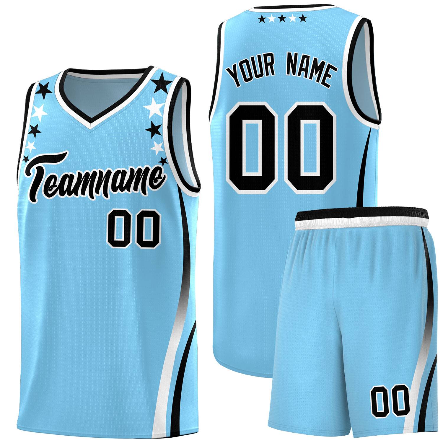 Custom Light Blue Shoulders Star Pattern Side Color Block Sports Uniform Basketball Jersey