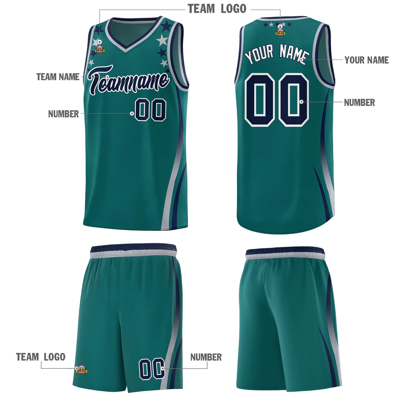 Custom Aqua Shoulders Star Pattern Side Color Block Sports Uniform Basketball Jersey