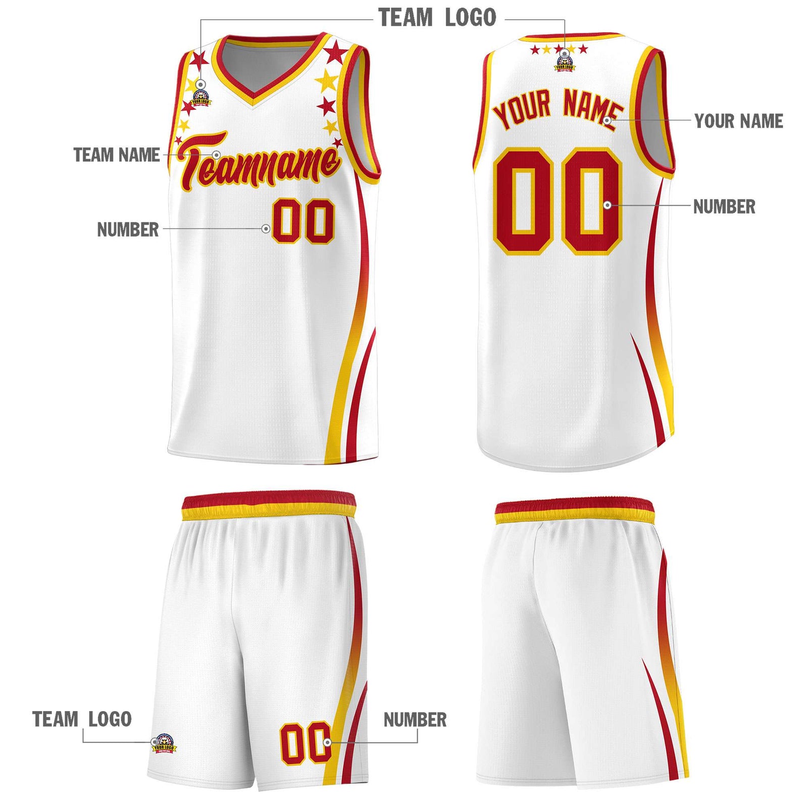 Custom White Shoulders Star Pattern Side Color Block Sports Uniform Basketball Jersey