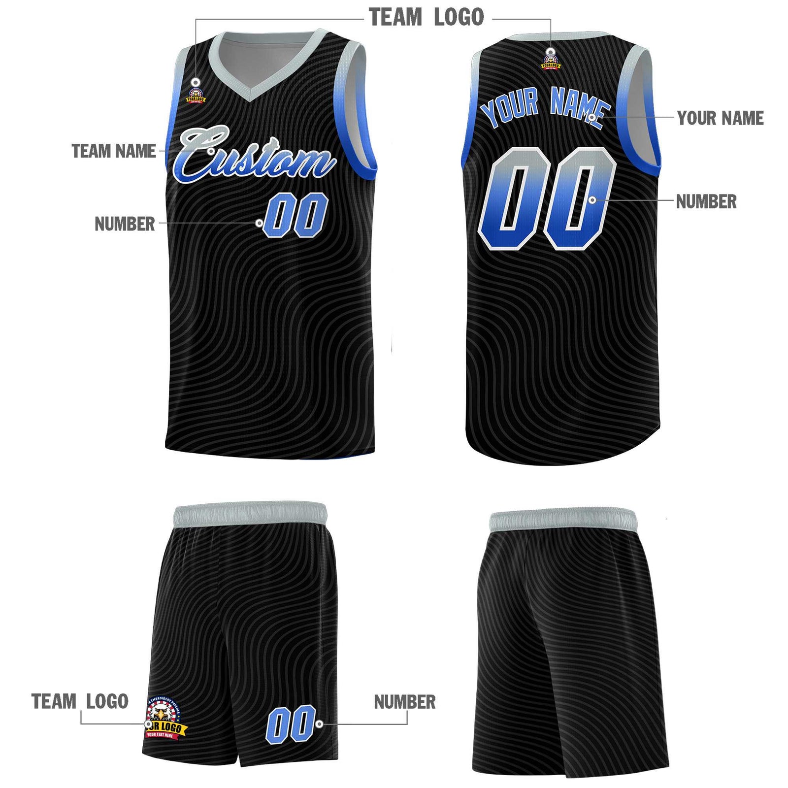 Custom Black Gray Wave Pattern Sports Uniform Basketball Jersey