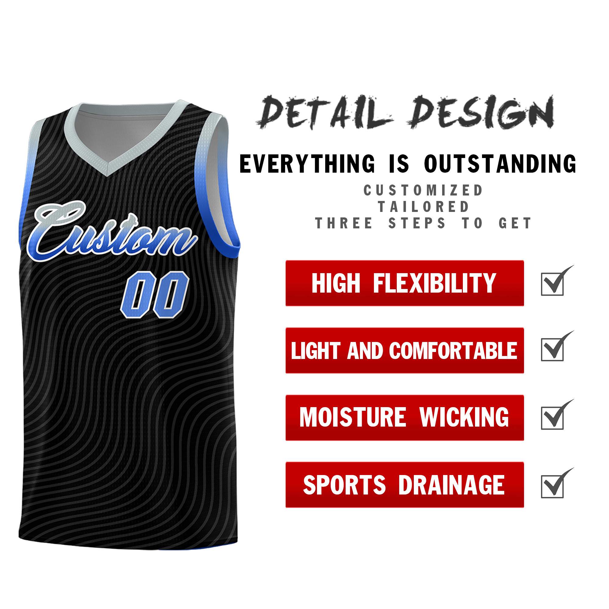 Custom Black Gray Wave Pattern Sports Uniform Basketball Jersey